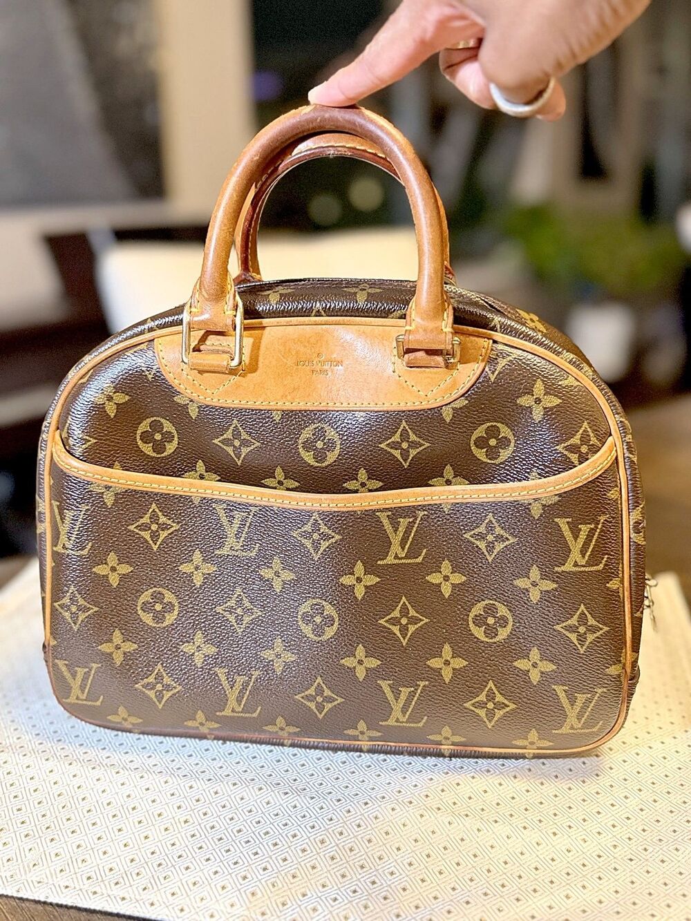 Authentic Louis Vuitton LV Trouville Monogram Canvas Handbag Gold Hardware